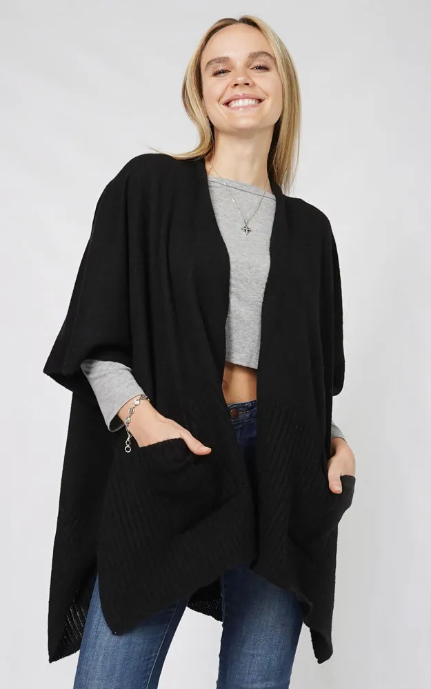 EVT10883 SOLID COLOR KNIT MULTI SHAWL CAPE W/POCKET