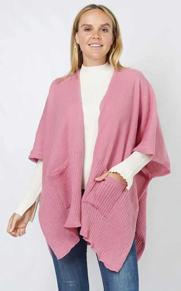 EVT10883 SOLID COLOR KNIT MULTI SHAWL CAPE W/POCKET