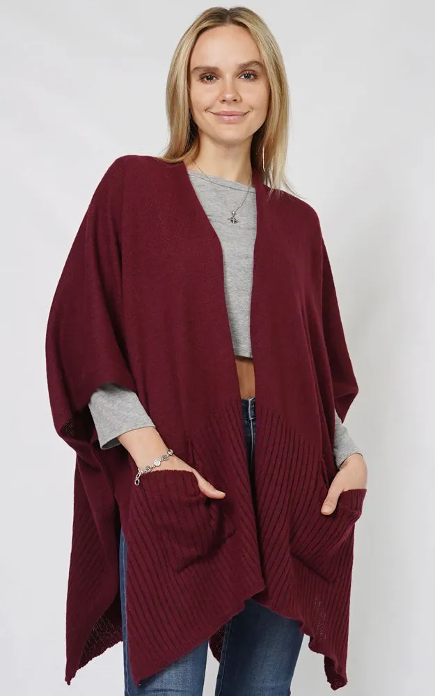 EVT10883 SOLID COLOR KNIT MULTI SHAWL CAPE W/POCKET