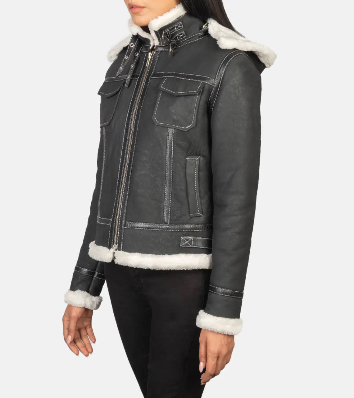 Fiona Black Hooded Shearling Women's Leather Jacket