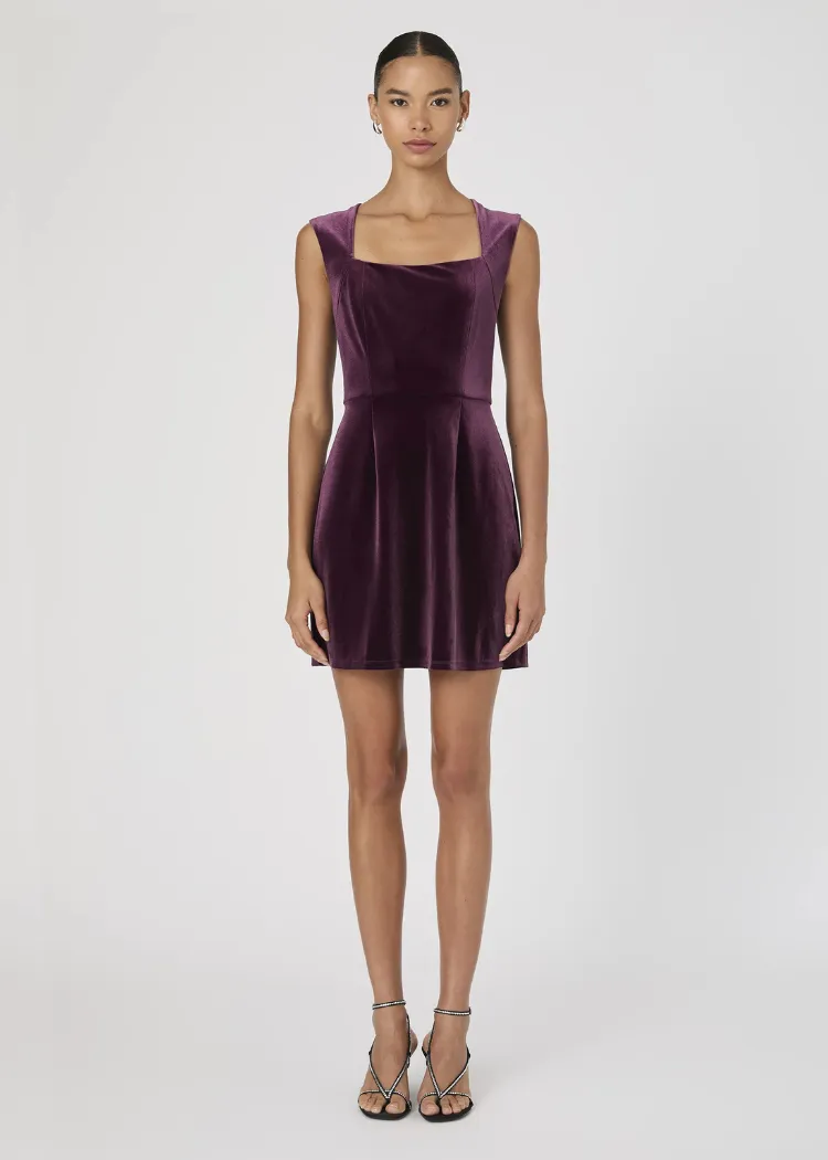 French Connection Square Neck Velvet Dress- Burgandy