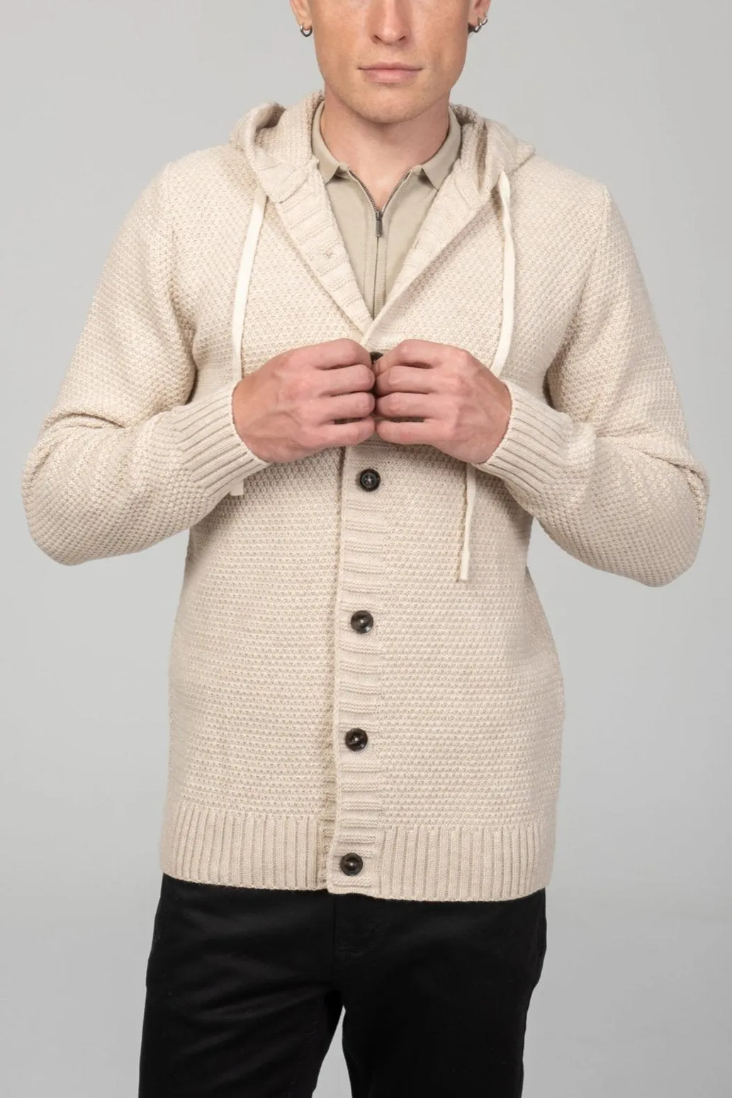 Full Button Up Waffled Cardigan - Beige