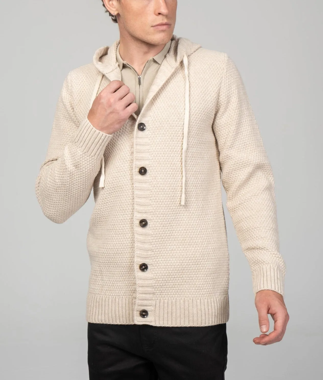 Full Button Up Waffled Cardigan - Beige