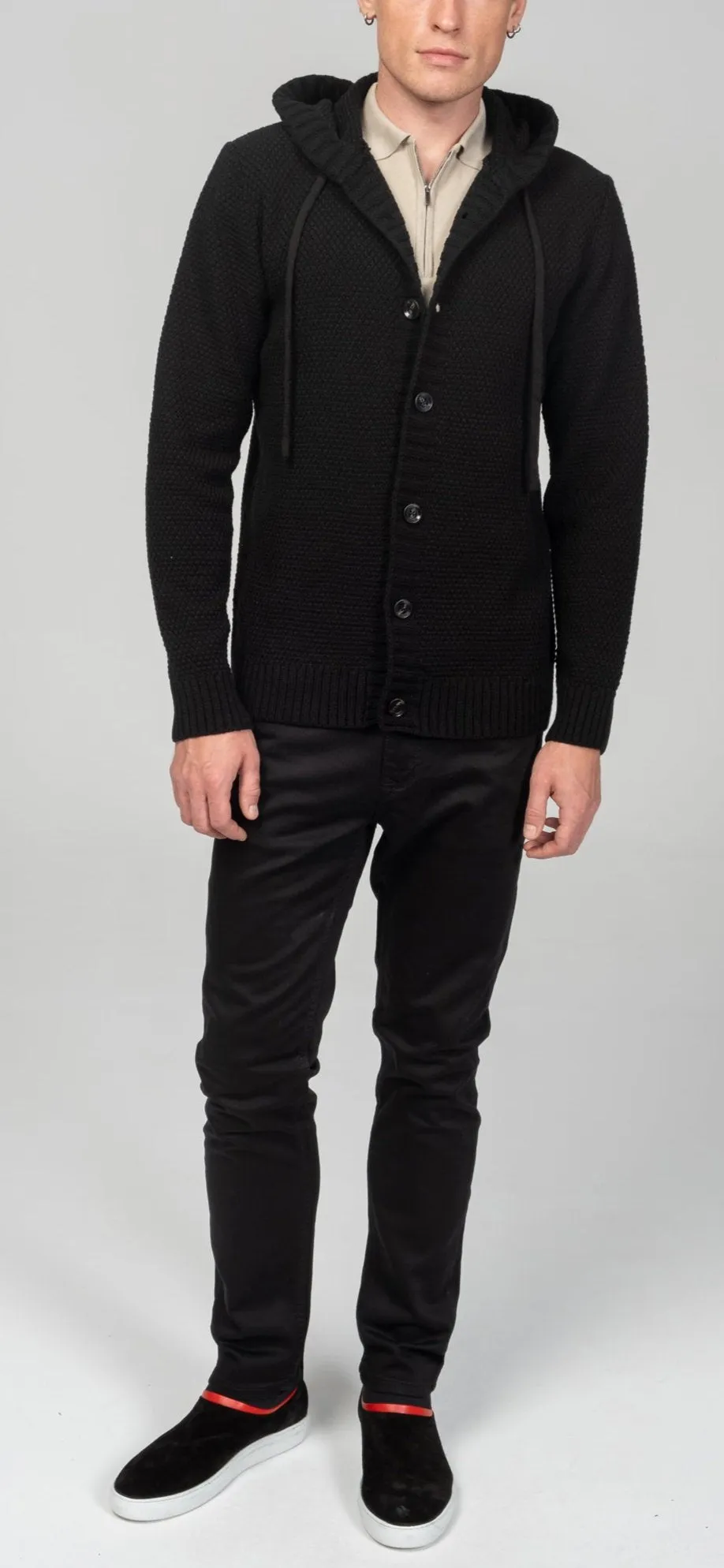 Full Button Up Waffled Cardigan - Black