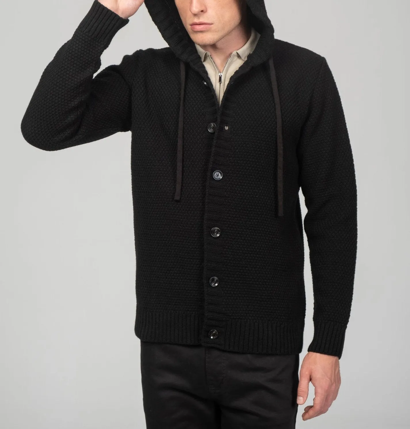 Full Button Up Waffled Cardigan - Black