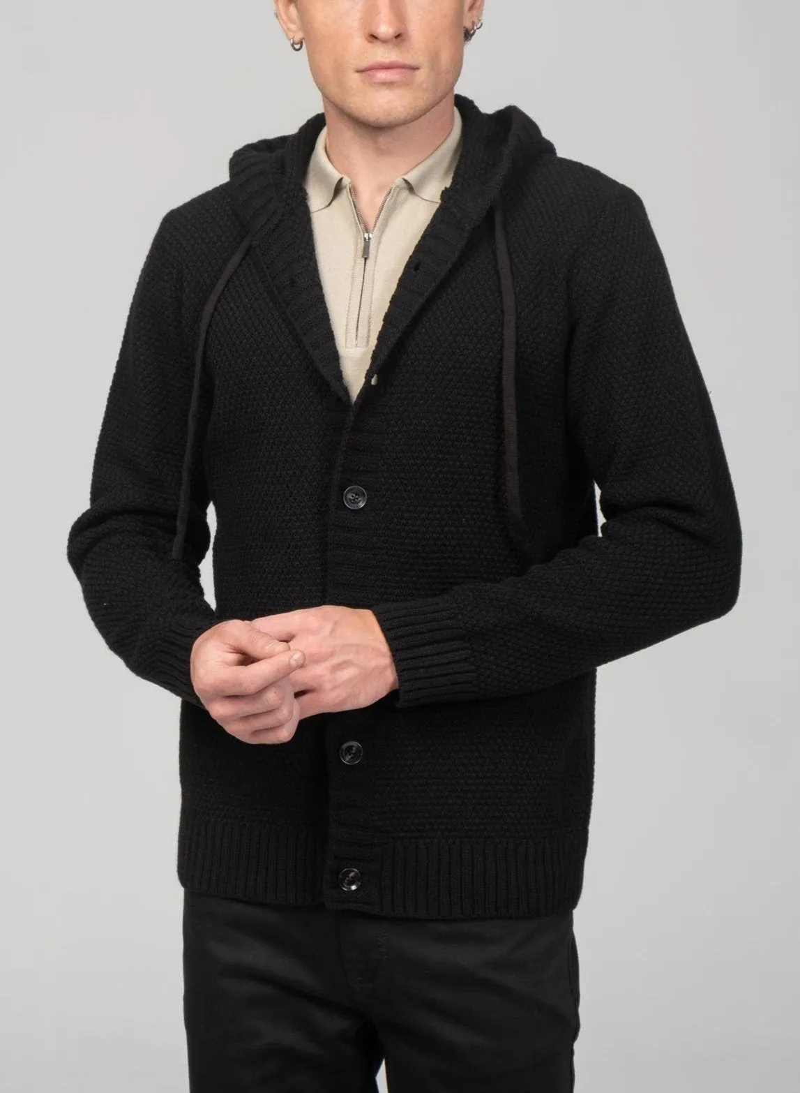 Full Button Up Waffled Cardigan - Black