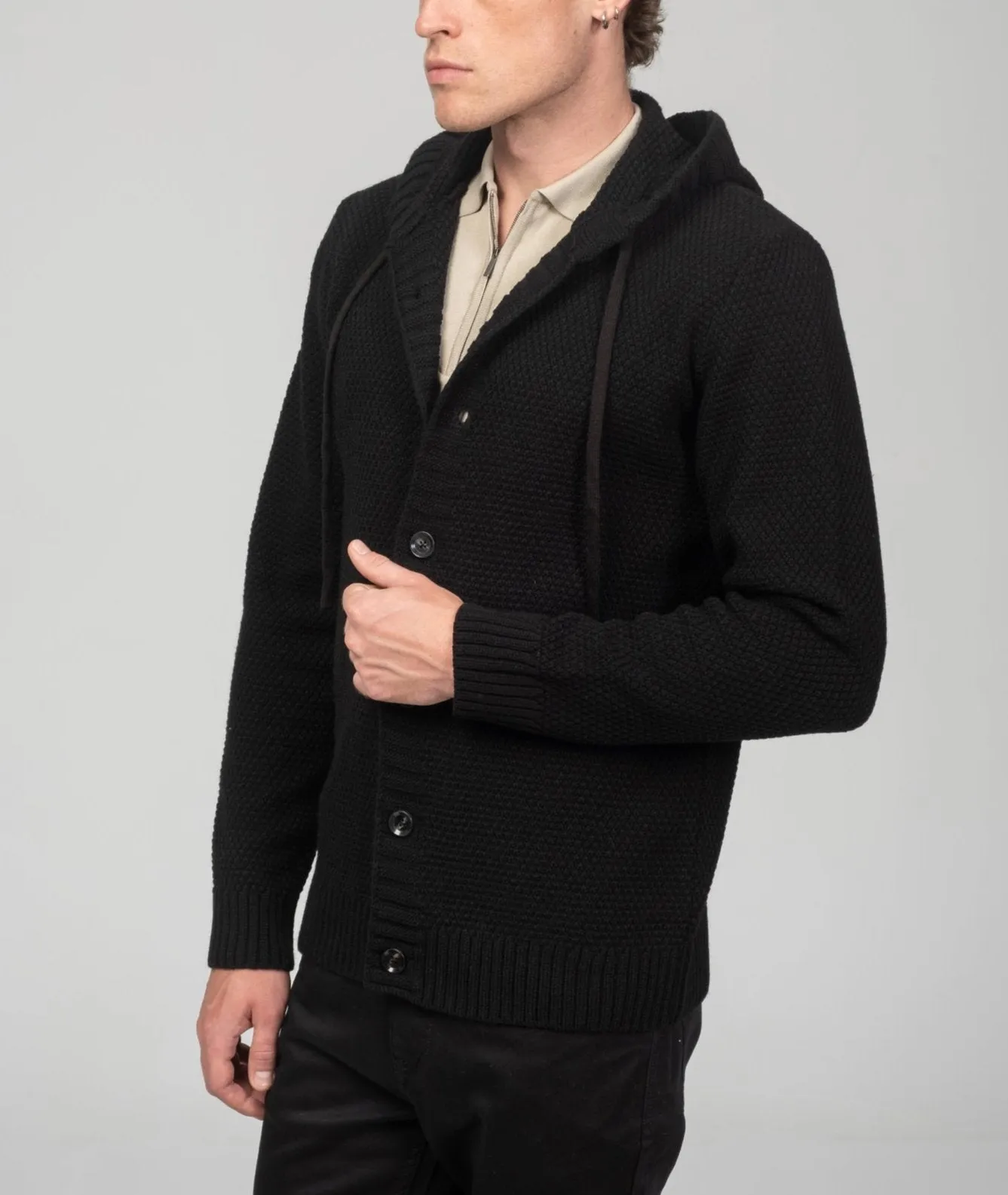 Full Button Up Waffled Cardigan - Black