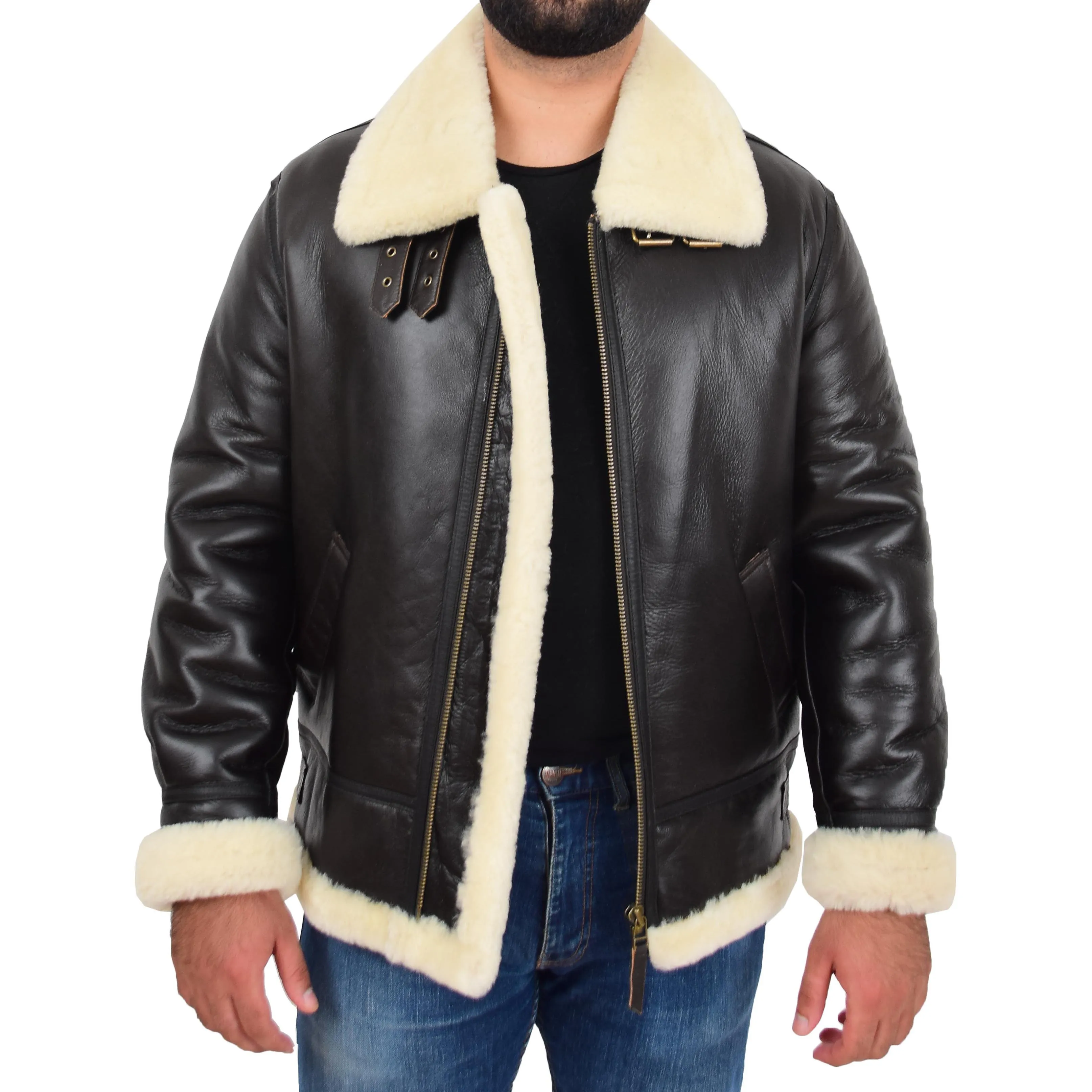 Genuine Sheepskin Flying Jacket For Men B3 Bomber Shearling Coat Thunder Brown/White