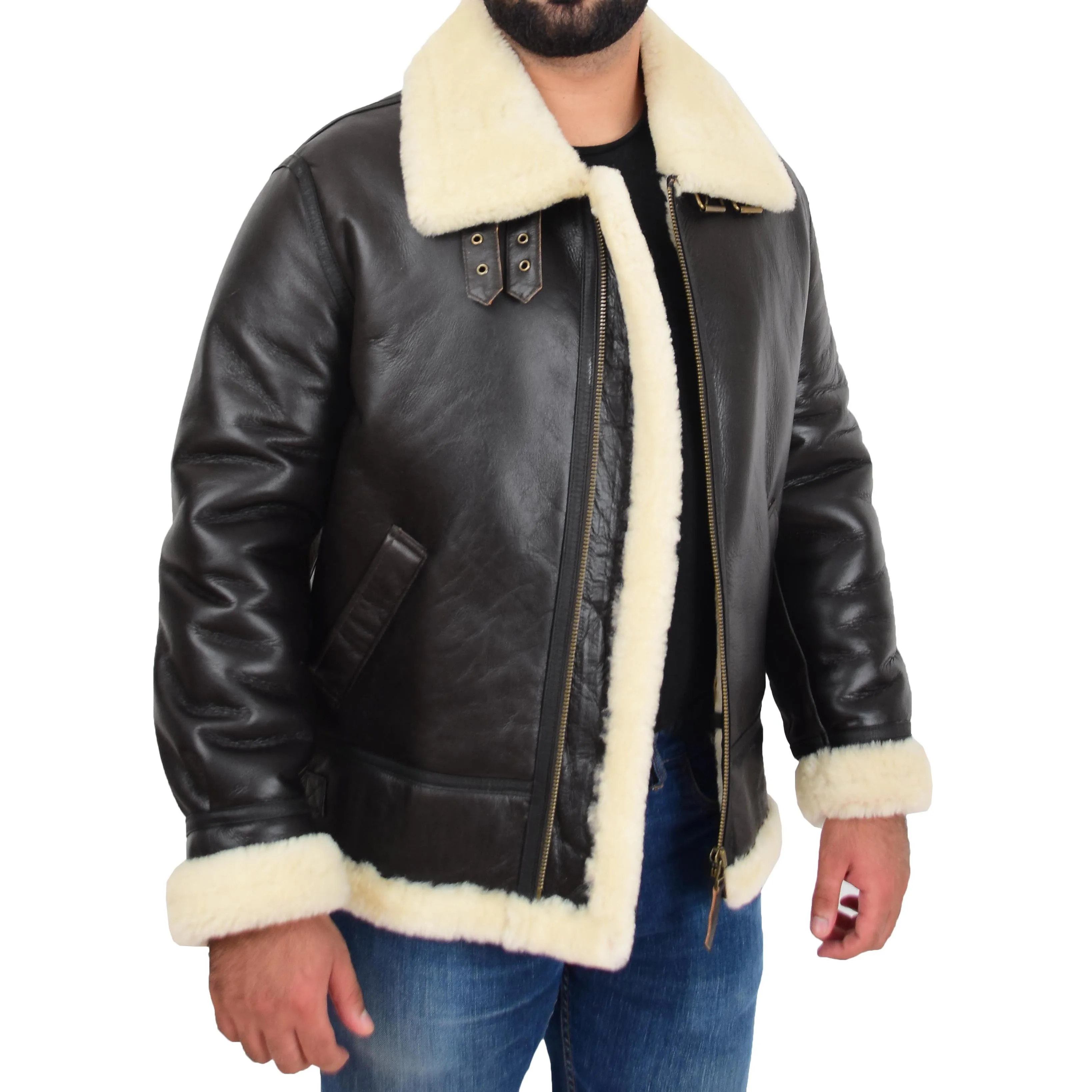 Genuine Sheepskin Flying Jacket For Men B3 Bomber Shearling Coat Thunder Brown/White