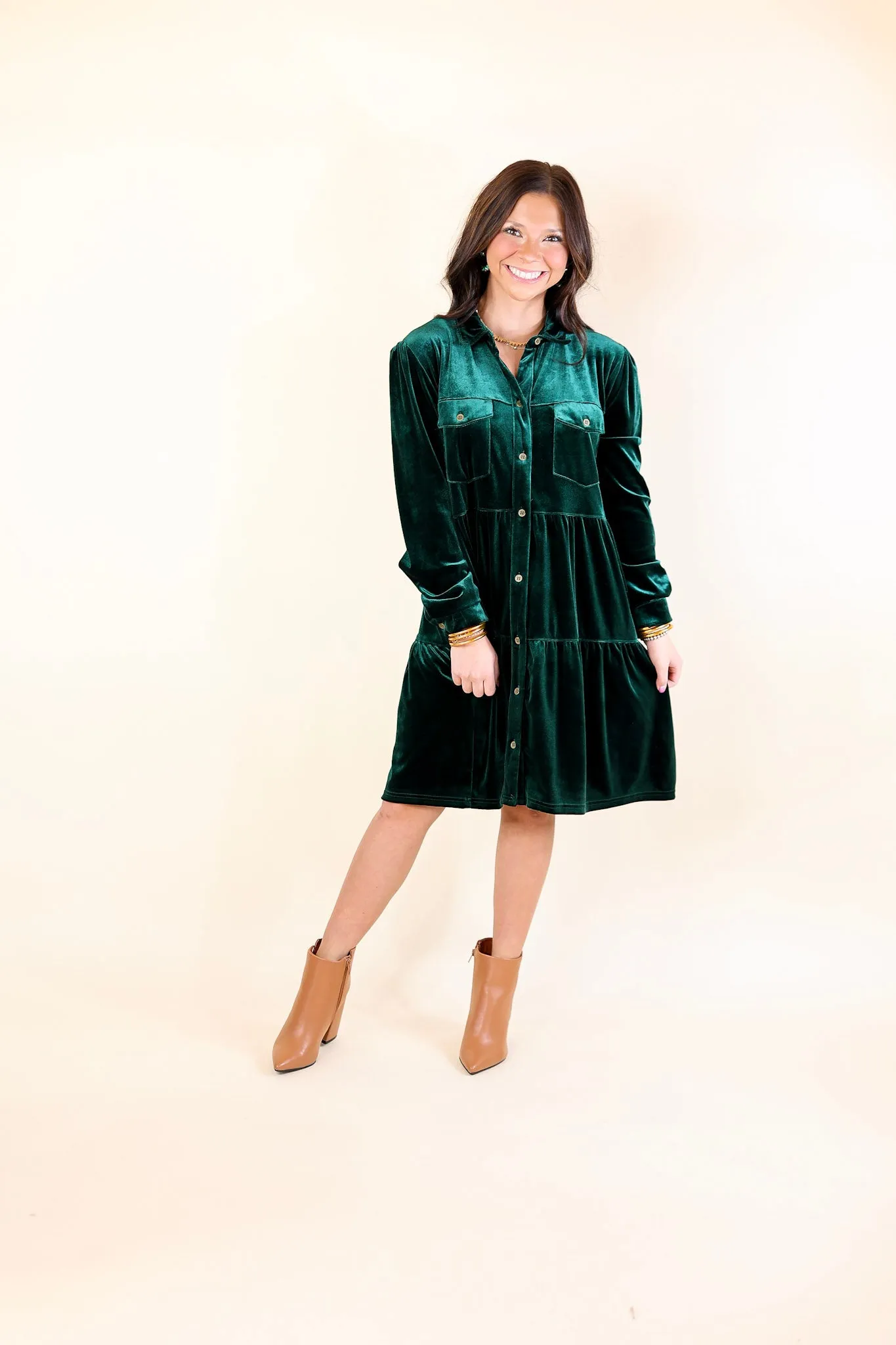 Grateful Gathering Velvet Button Up Dress with Long Sleeves in Emerald Green