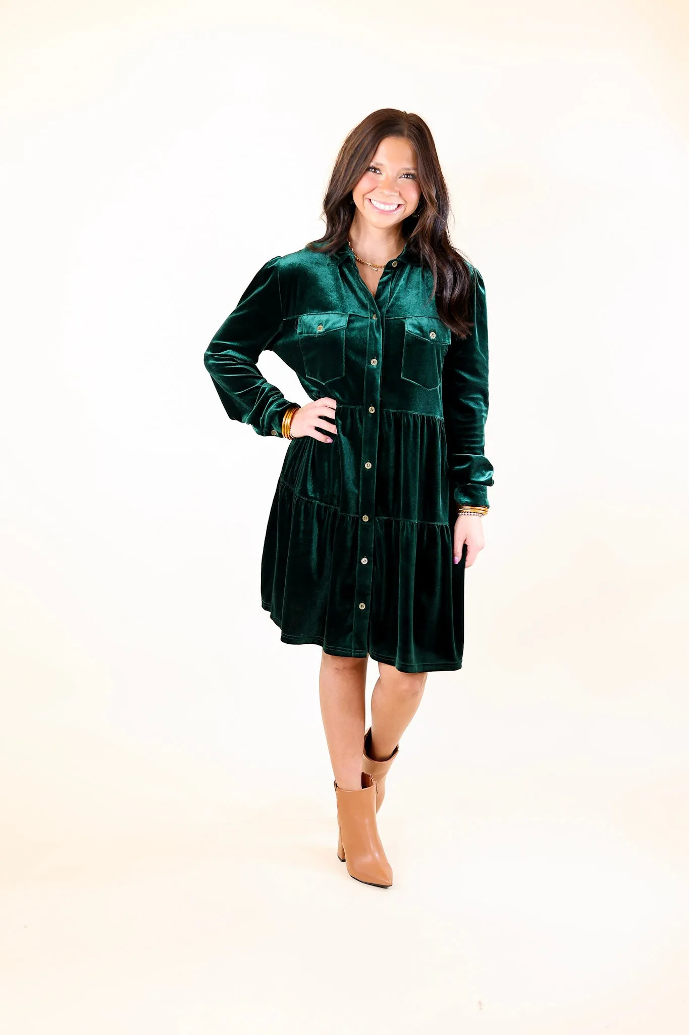 Grateful Gathering Velvet Button Up Dress with Long Sleeves in Emerald Green