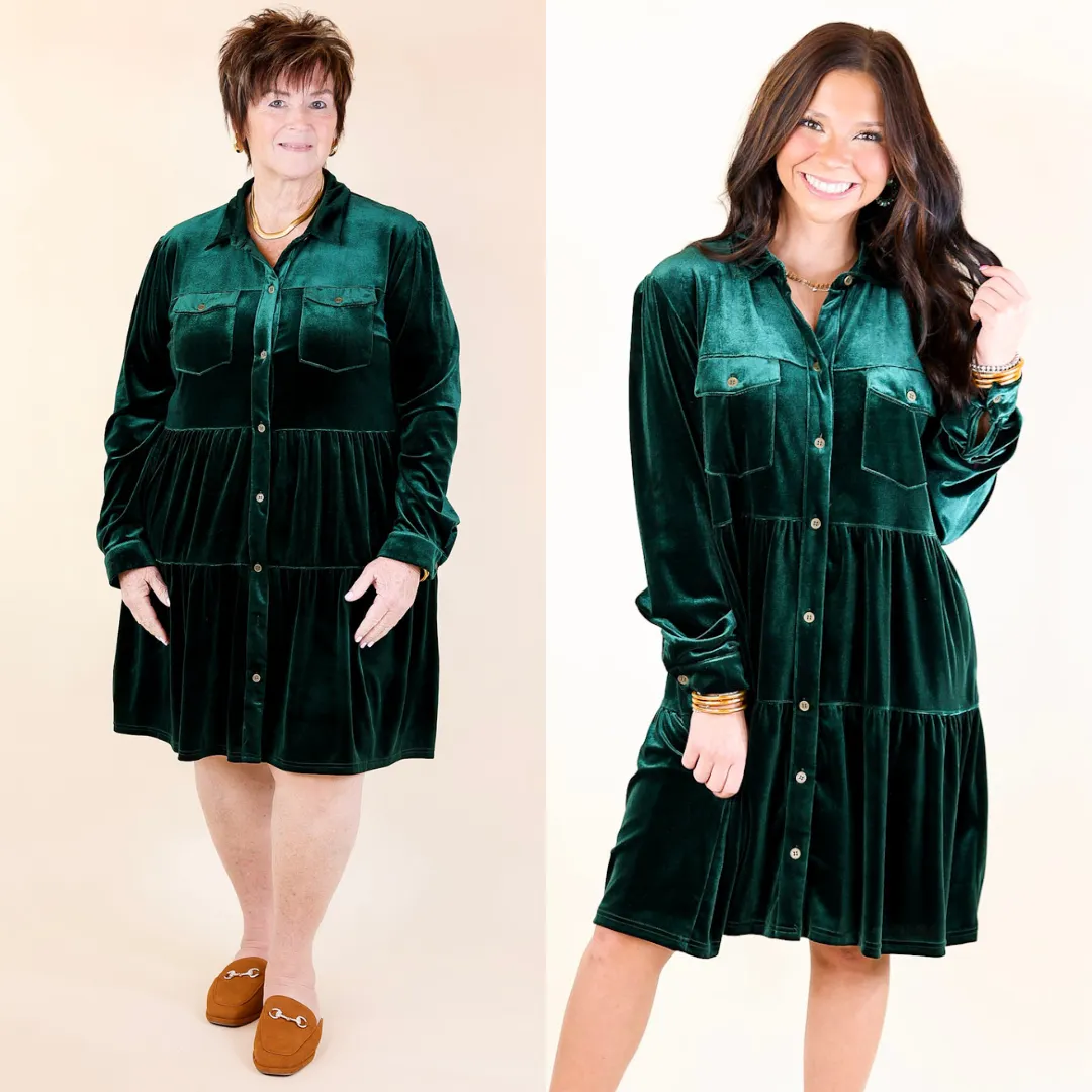 Grateful Gathering Velvet Button Up Dress with Long Sleeves in Emerald Green