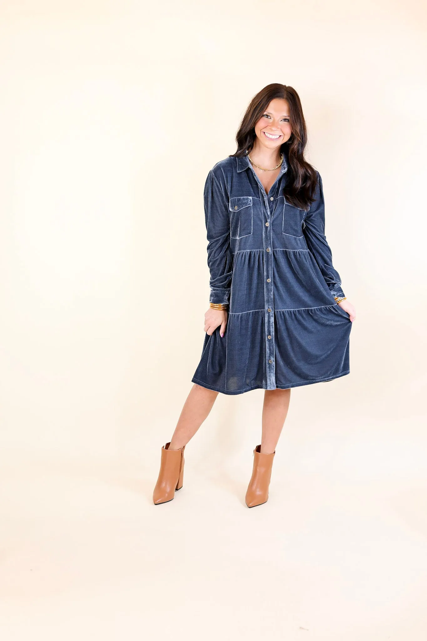 Grateful Gathering Velvet Button Up Dress with Long Sleeves in Steel Blue