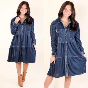 Grateful Gathering Velvet Button Up Dress with Long Sleeves in Steel Blue