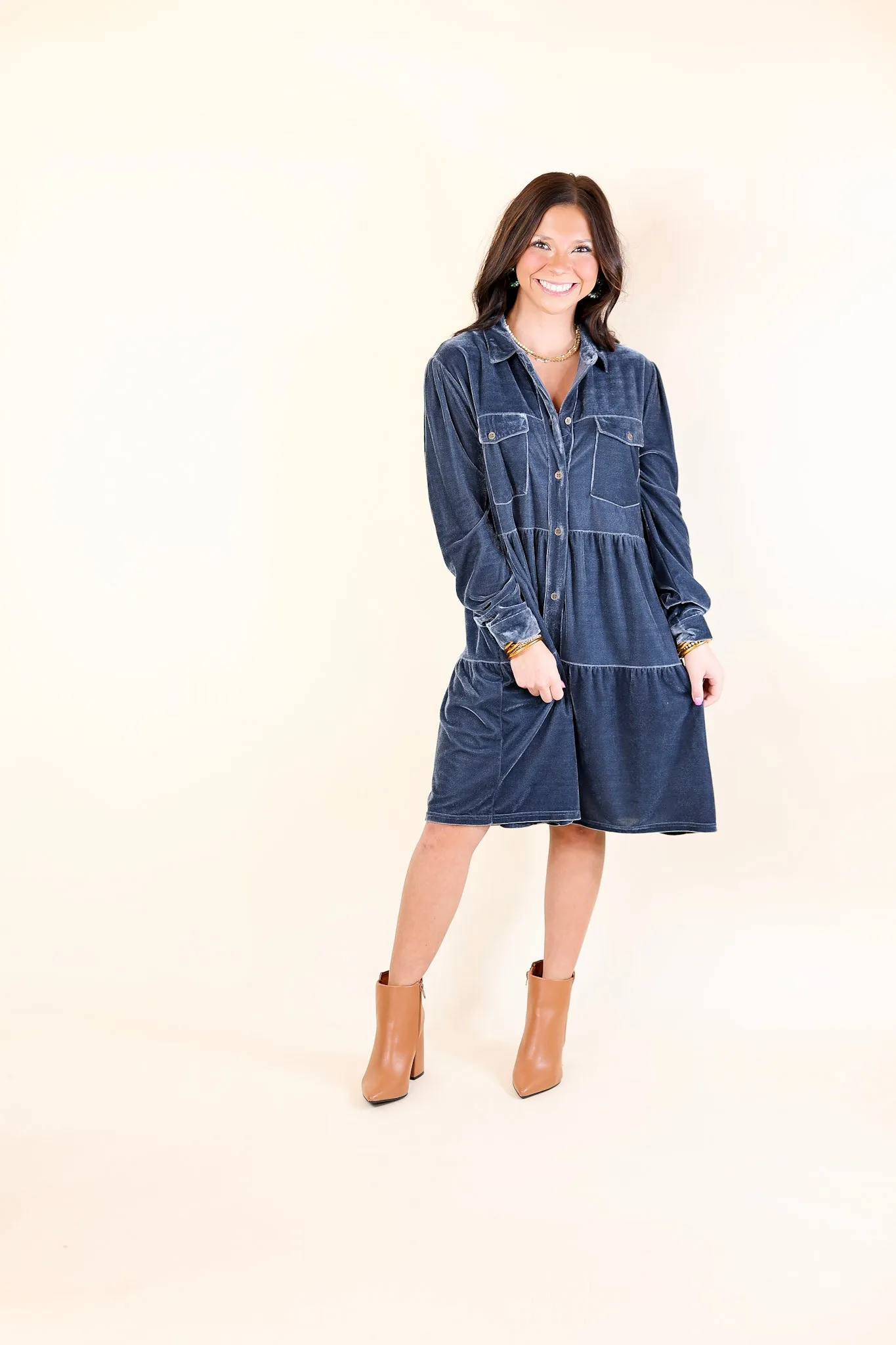 Grateful Gathering Velvet Button Up Dress with Long Sleeves in Steel Blue