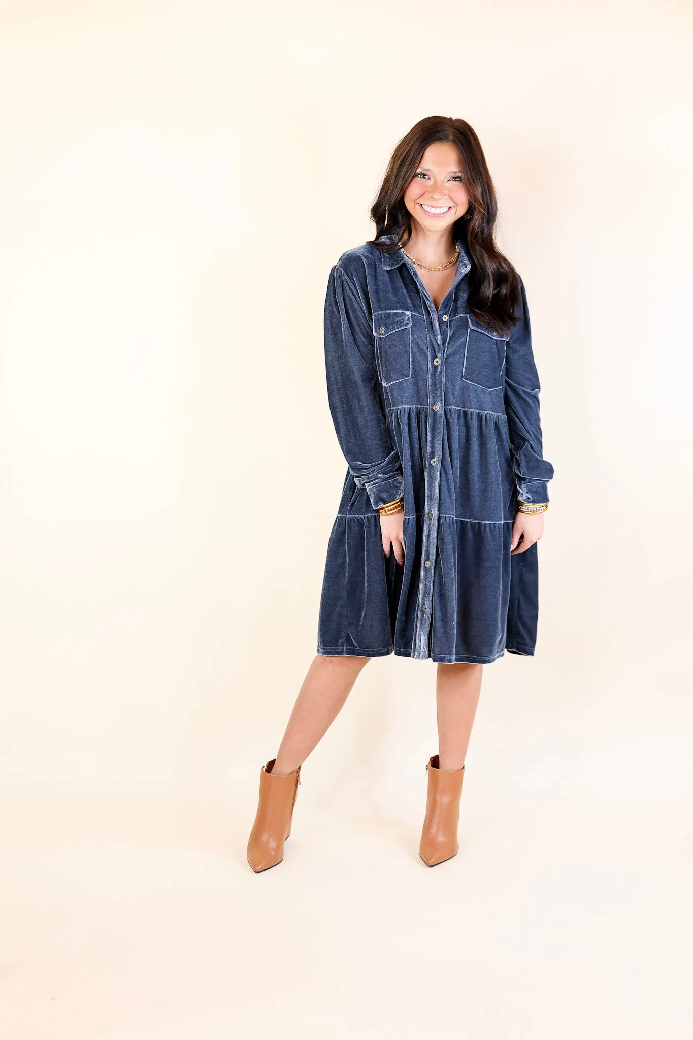 Grateful Gathering Velvet Button Up Dress with Long Sleeves in Steel Blue