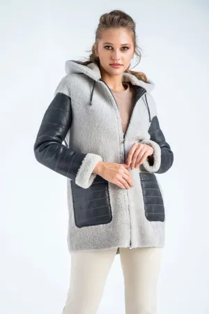 Gray Natural Shearling Sheepskin Hooded Jacket