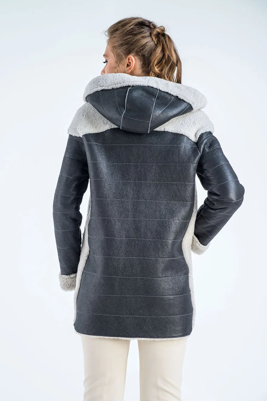 Gray Natural Shearling Sheepskin Hooded Jacket