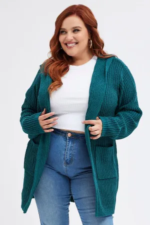 Green Knit Cardigan Hooded Longline