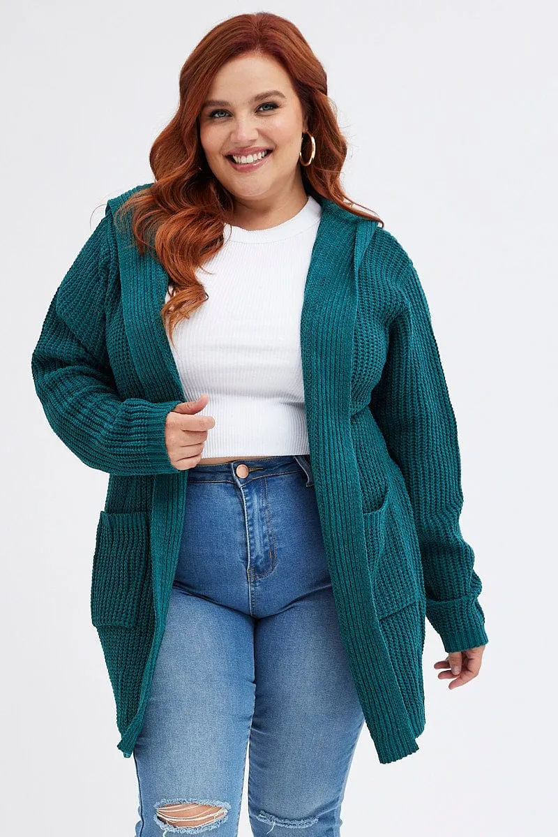 Green Knit Cardigan Hooded Longline