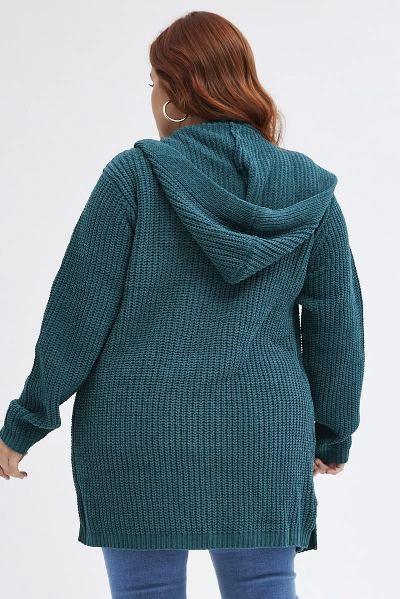 Green Knit Cardigan Hooded Longline