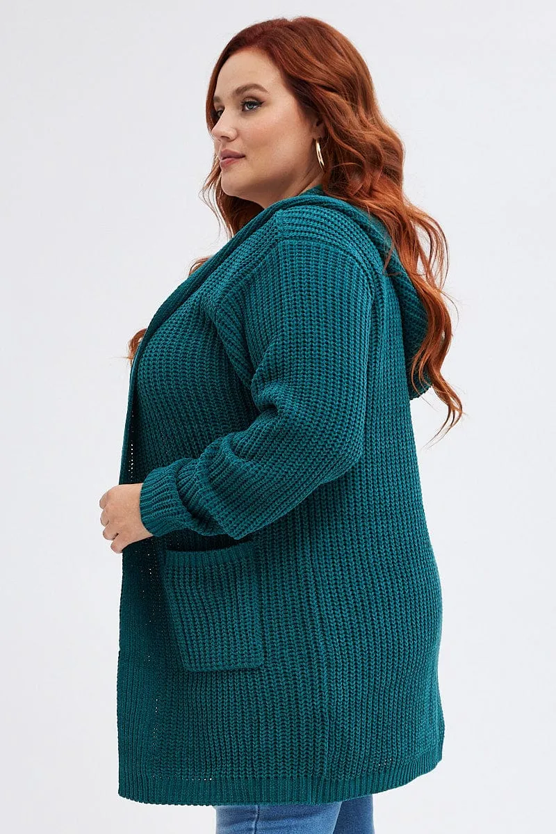 Green Knit Cardigan Hooded Longline