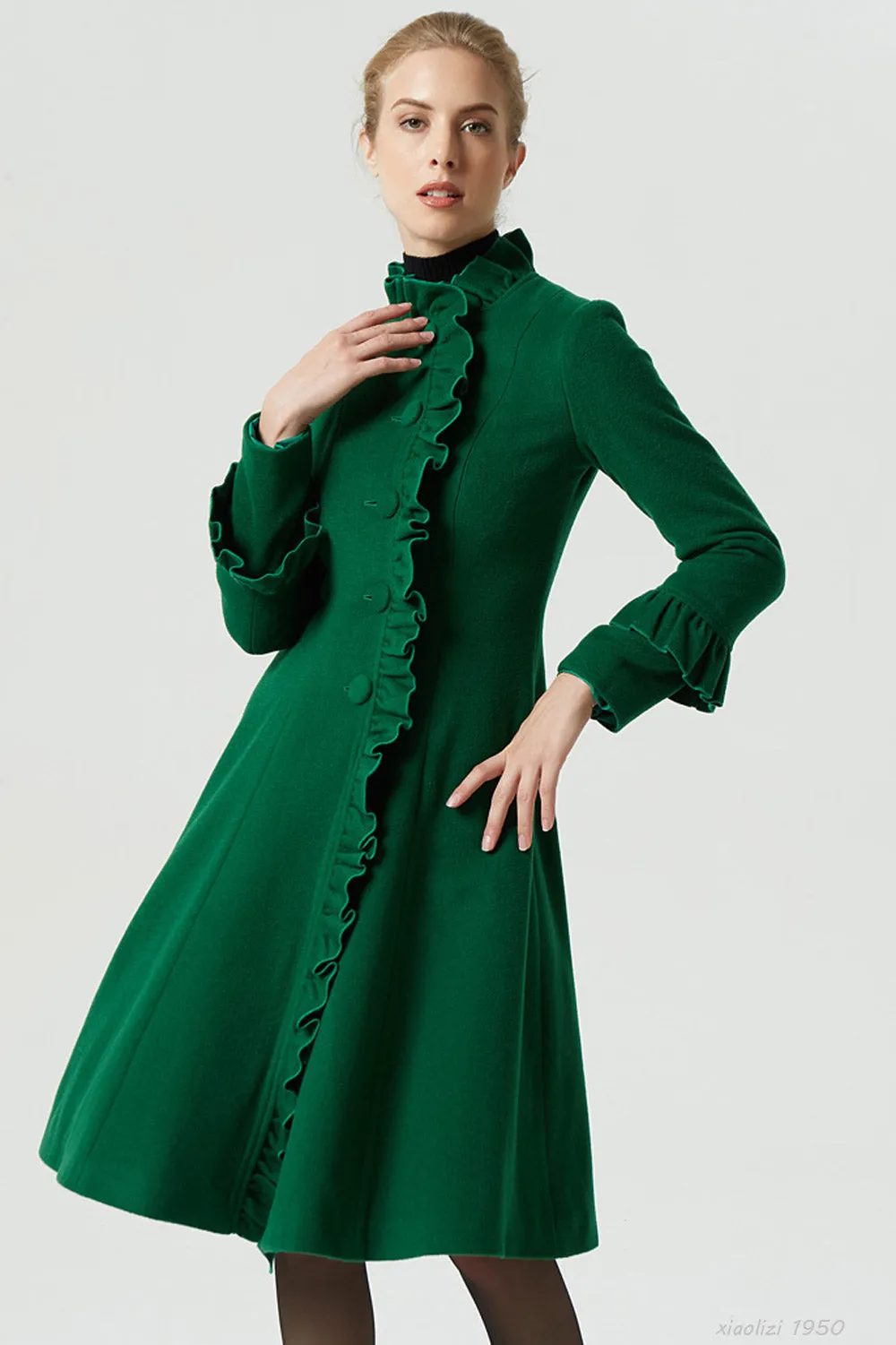 green midi wool coat with ruffle details 1950#