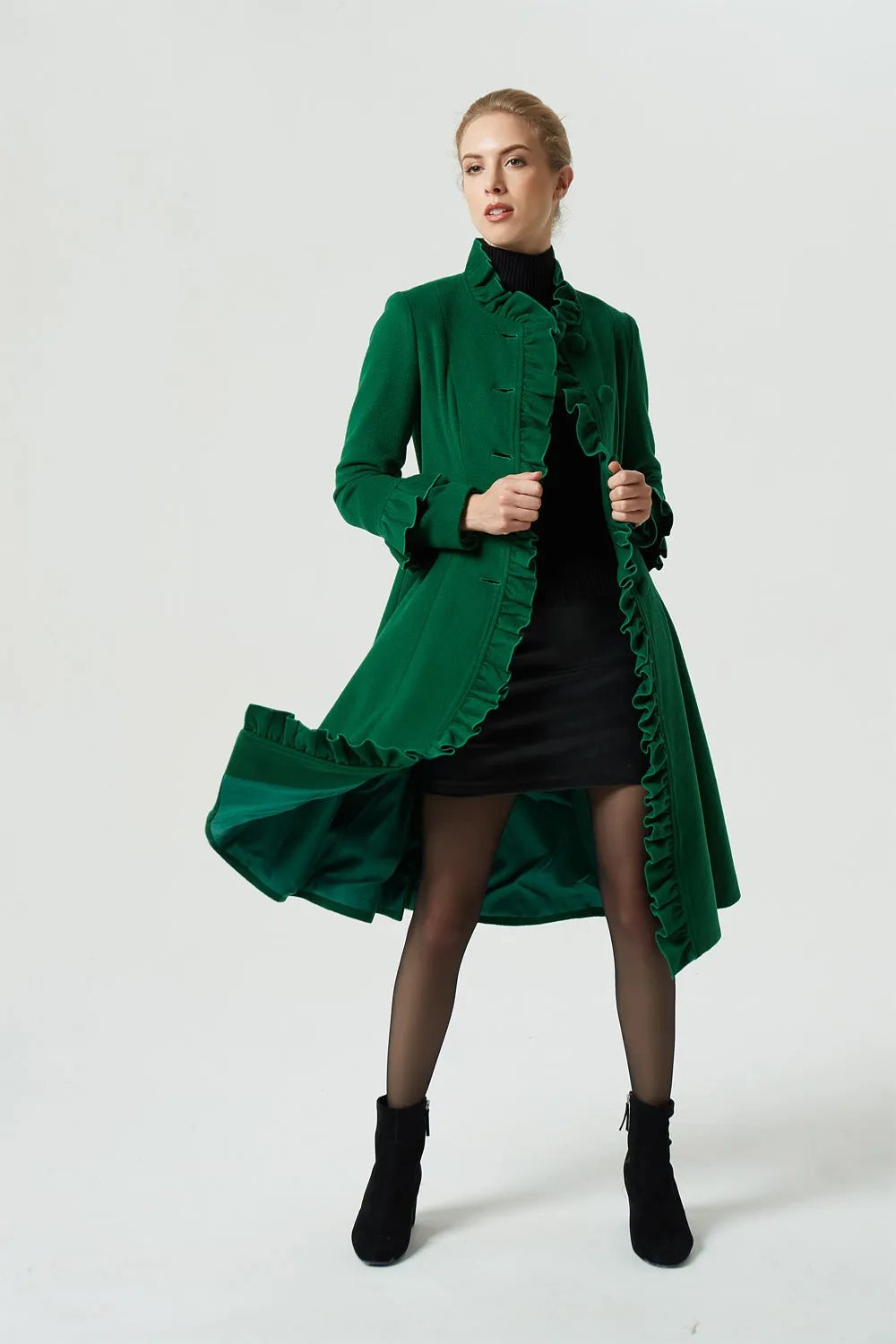 green midi wool coat with ruffle details 1950#