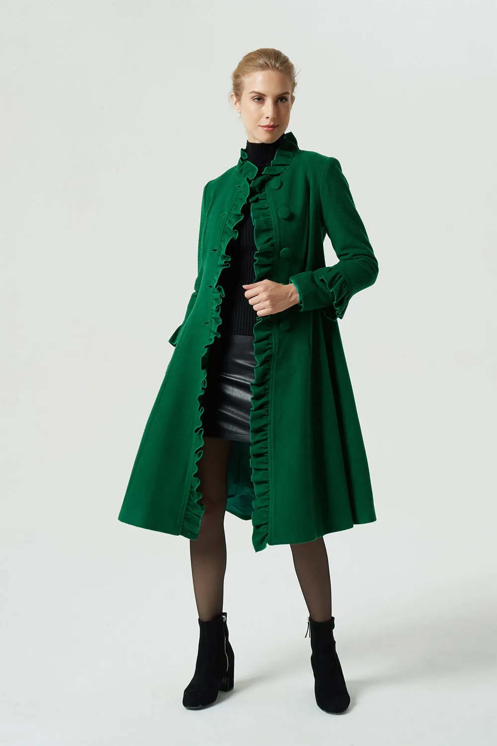 green midi wool coat with ruffle details 1950#