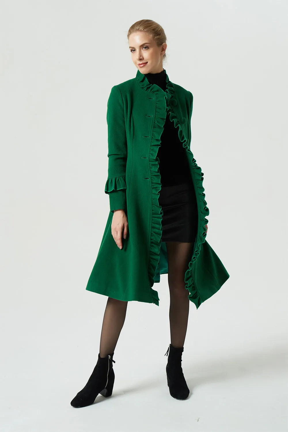 green midi wool coat with ruffle details 1950#