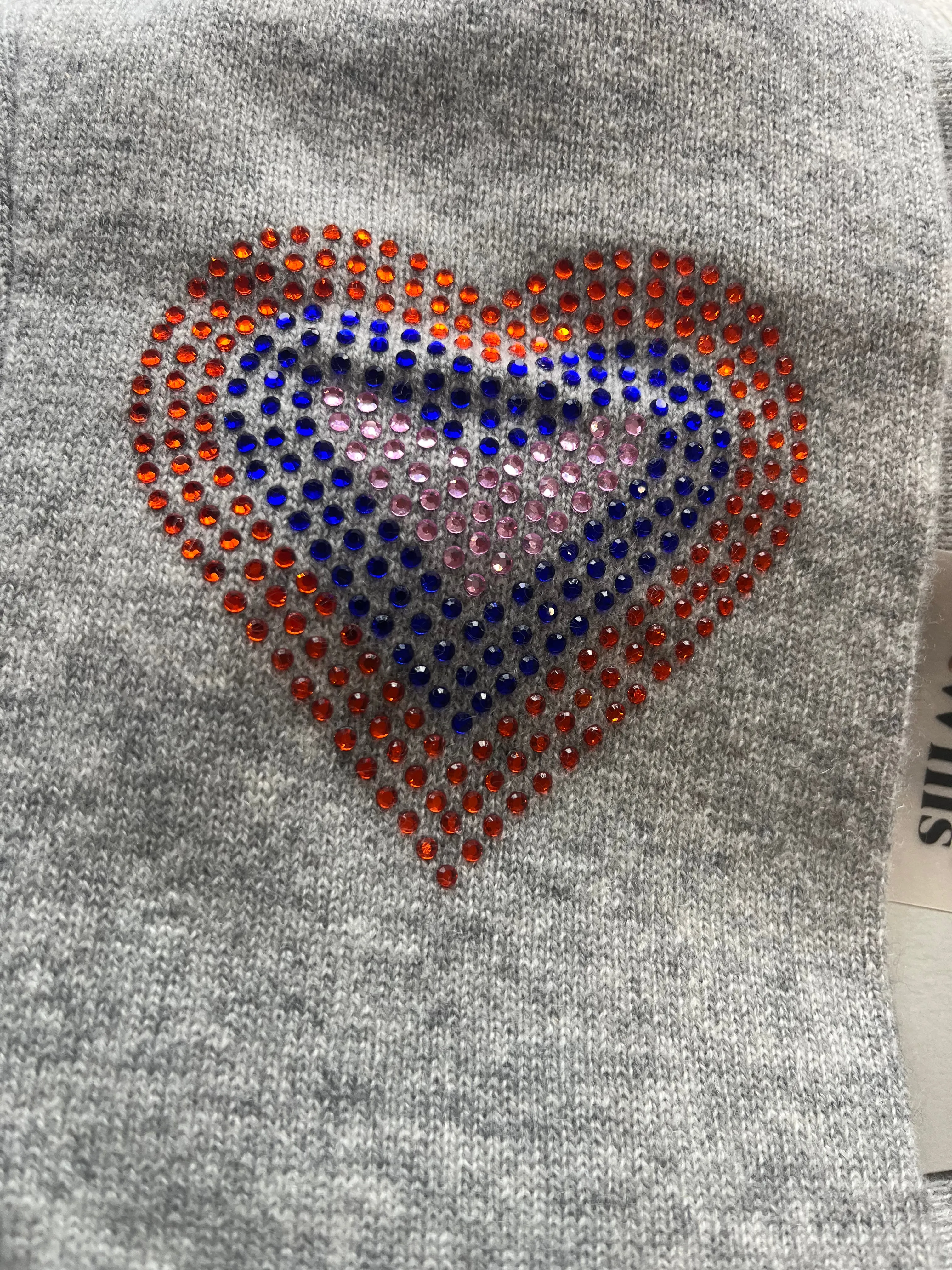 Grey boxy crew neck with multi colour diamante heart elbow patches