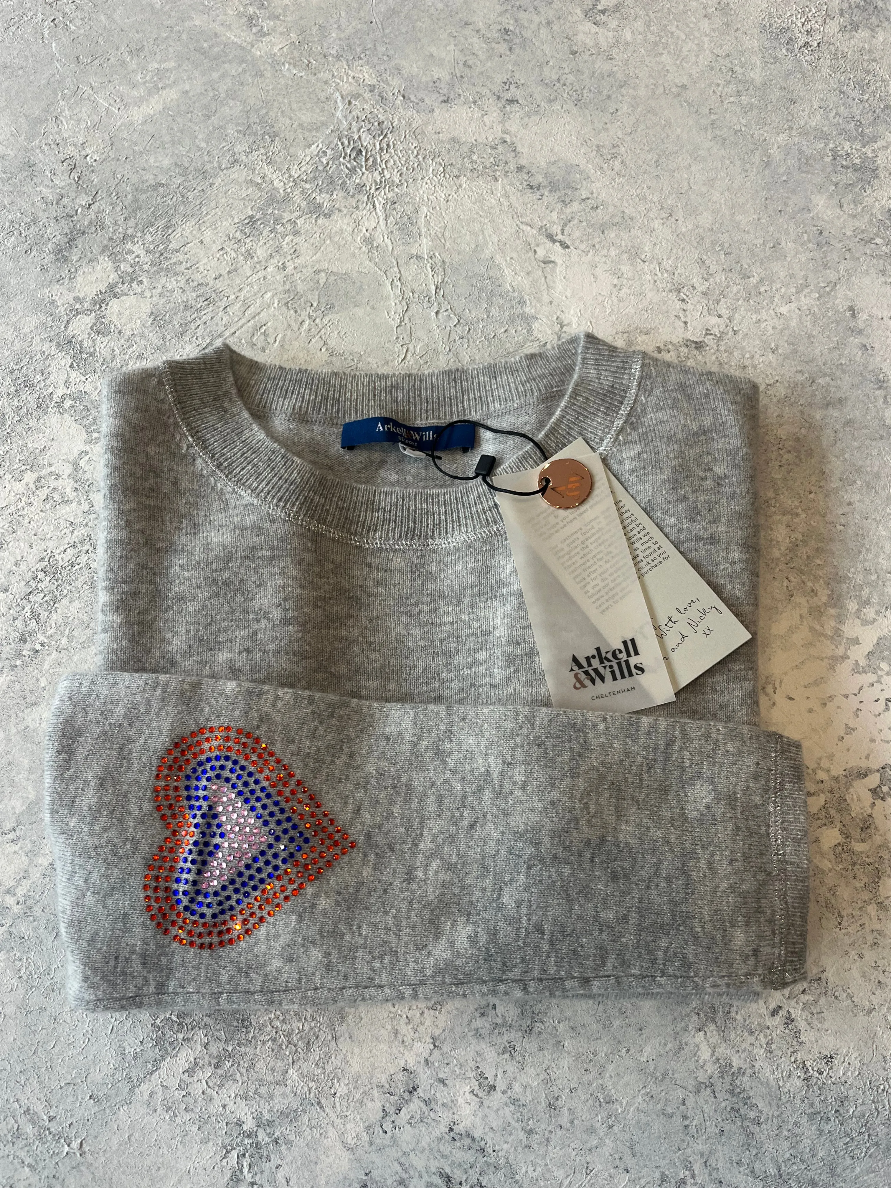 Grey boxy crew neck with multi colour diamante heart elbow patches