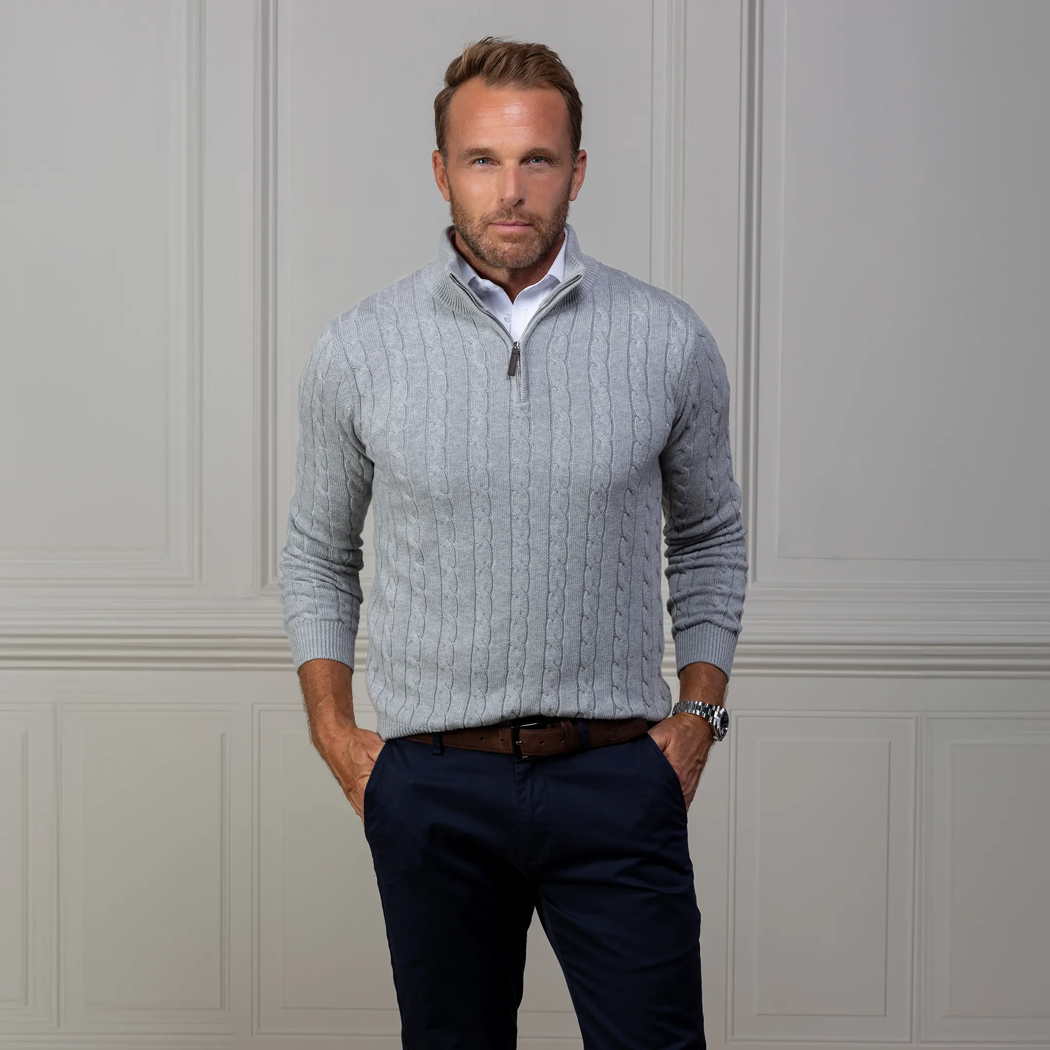 Grey Kensington Cable Knit Quarter Zip Sweater