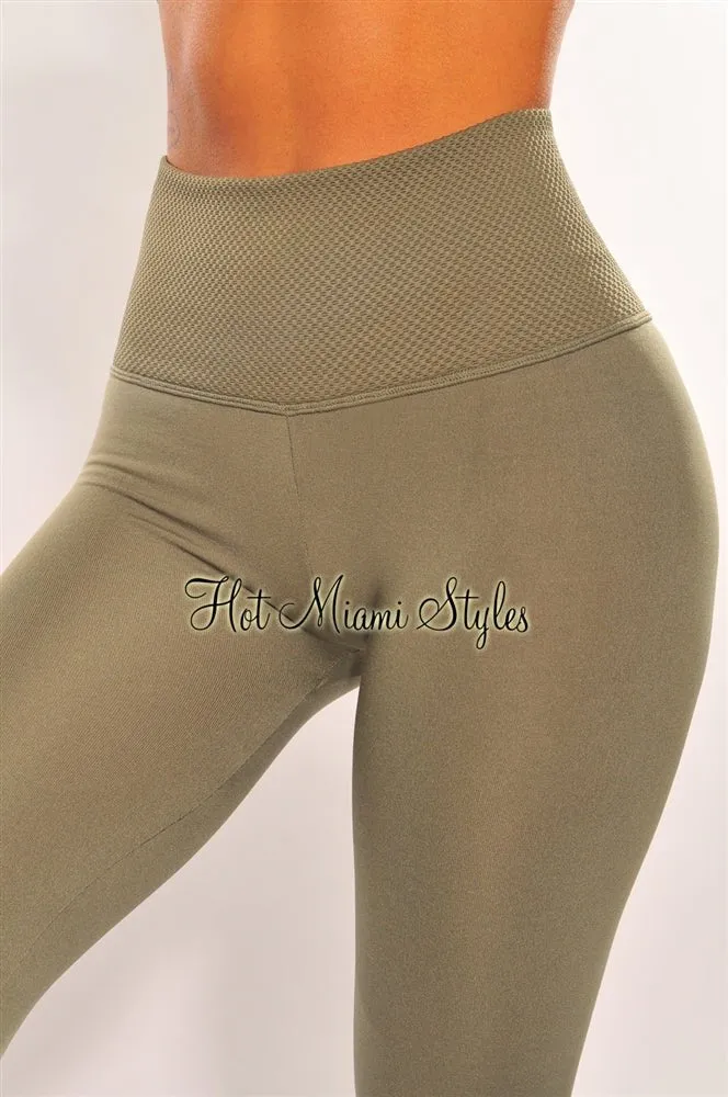 HMS Lounge: Olive Textured Waistband High Waist Fleece Lined Leggings