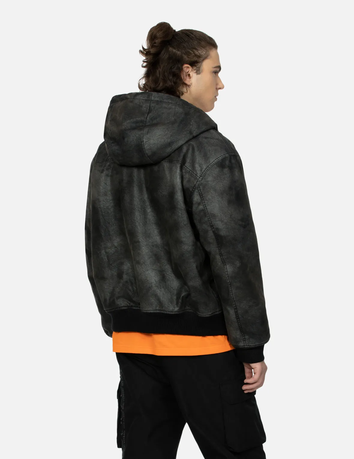 Hooded Grain Pattern Regular Fit Leather Bomber Jacket