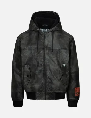 Hooded Grain Pattern Regular Fit Leather Bomber Jacket