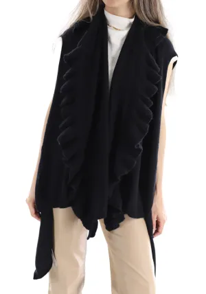 La Fiorentina Knitted Black Vest with Ruffles - Wool/Cashmere Blend - One Size (90 x 146 cm)