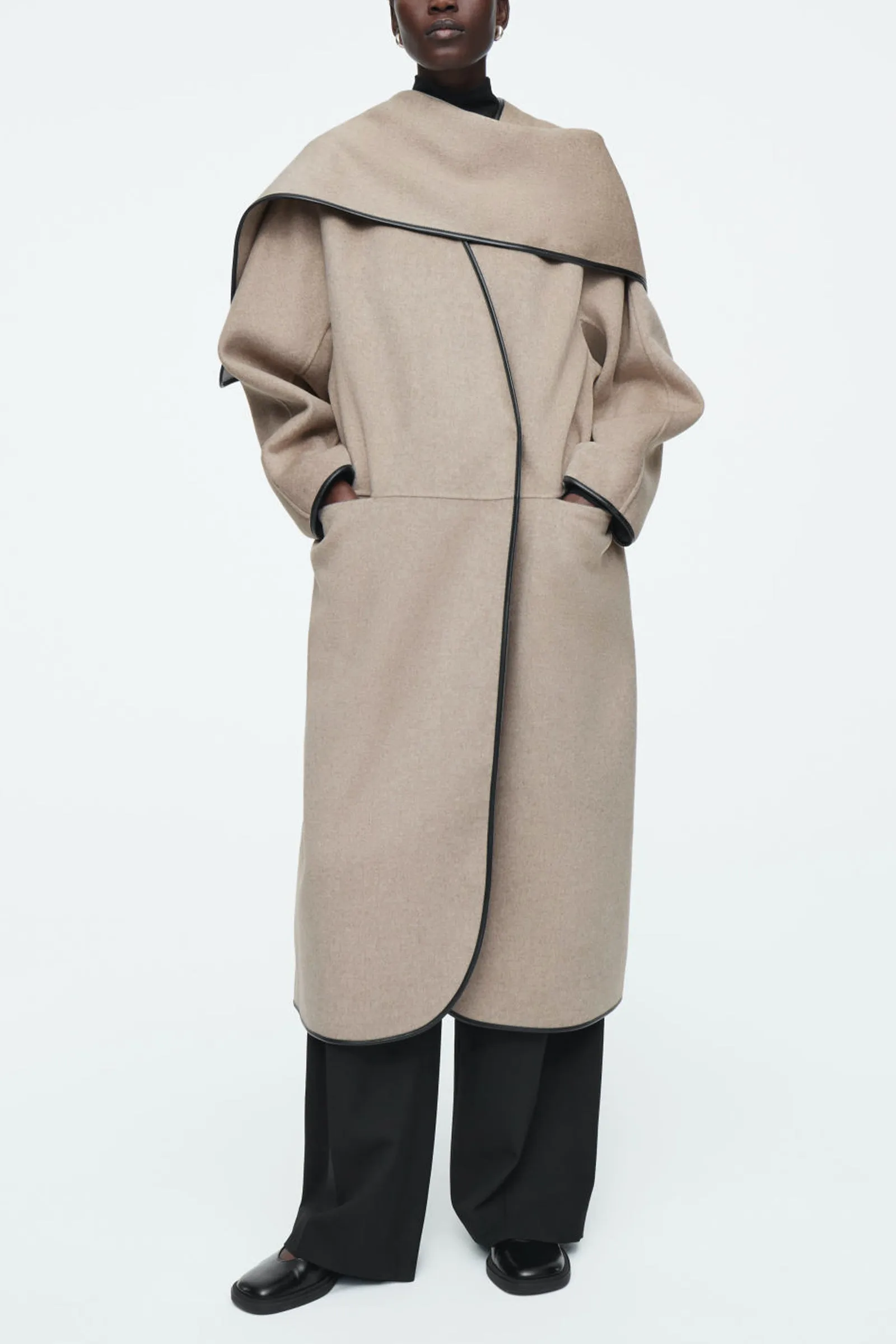 Leather-trimmed Wool Scarf Coat