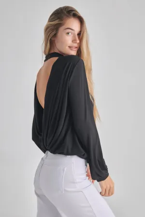 LONG SLEEVE BACK DROP MOCK NECK TOP