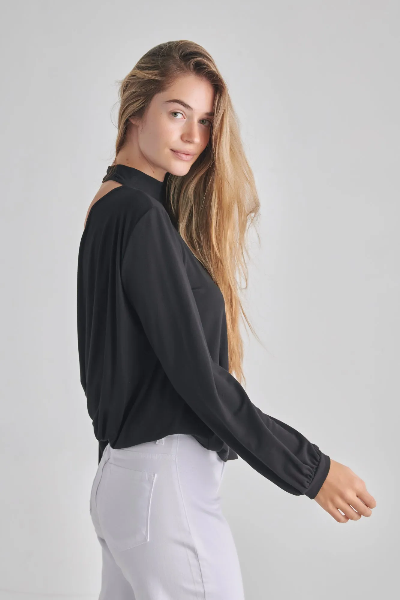 LONG SLEEVE BACK DROP MOCK NECK TOP