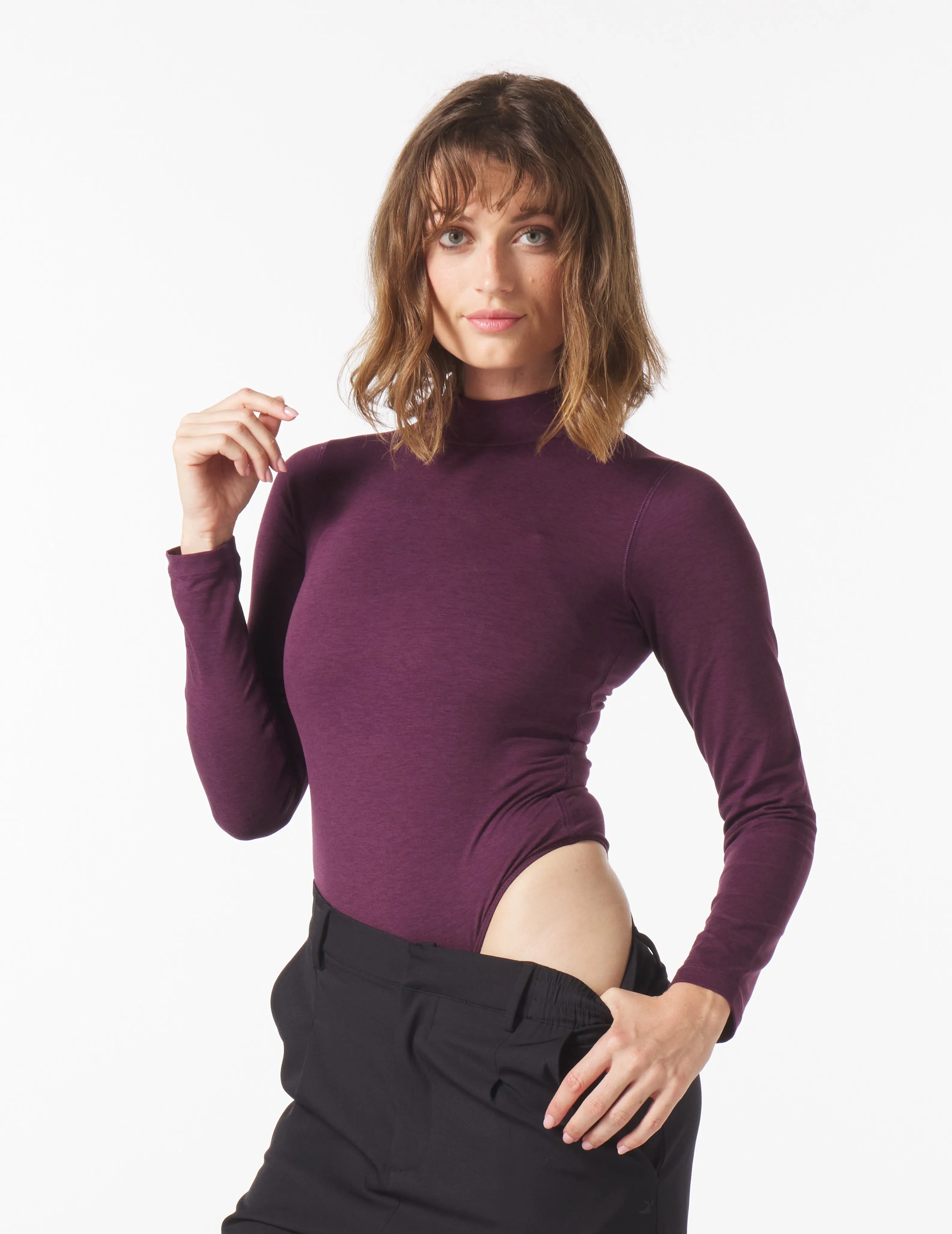 Long Sleeve Mock Neck Body Suit: Mulberry