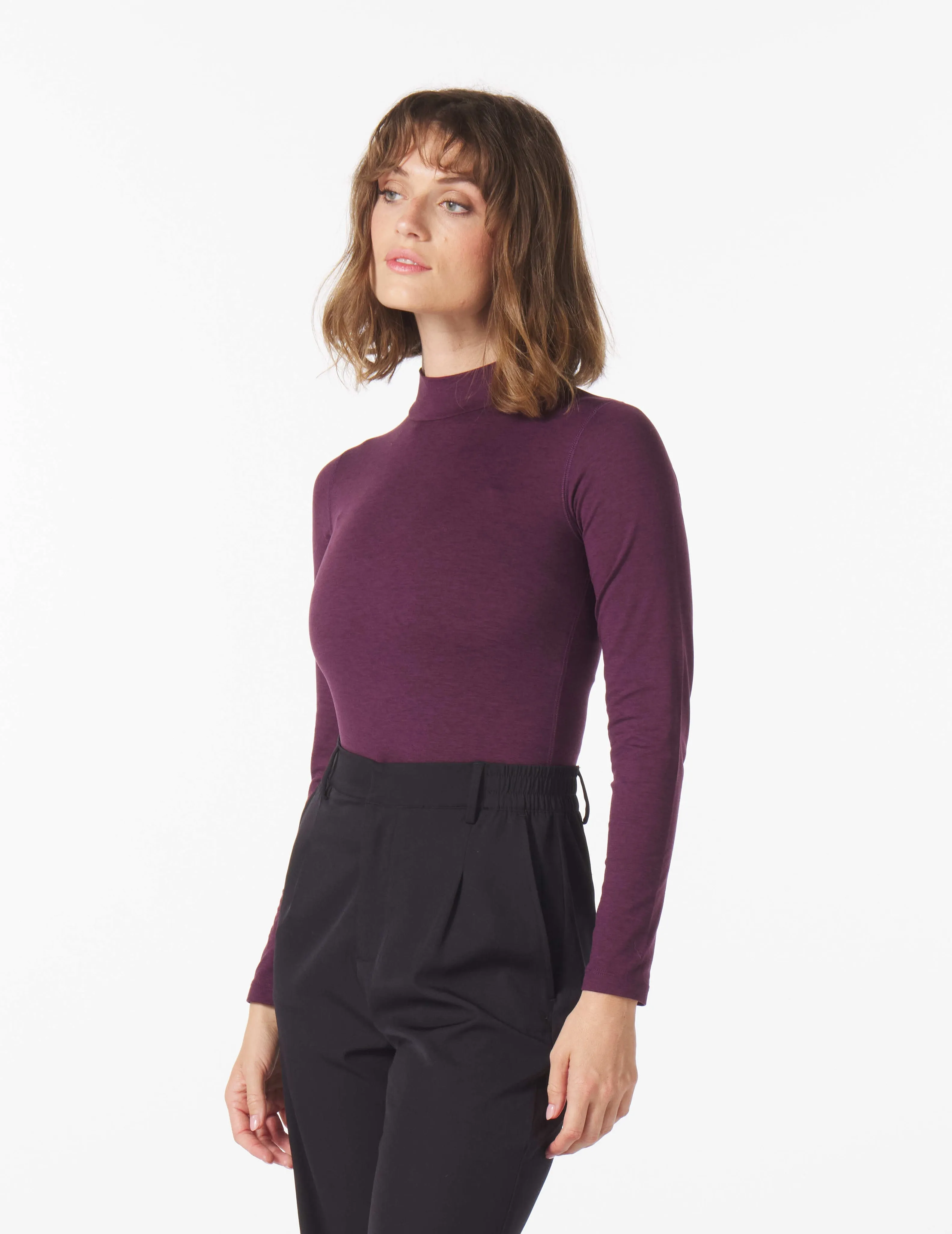 Long Sleeve Mock Neck Body Suit: Mulberry