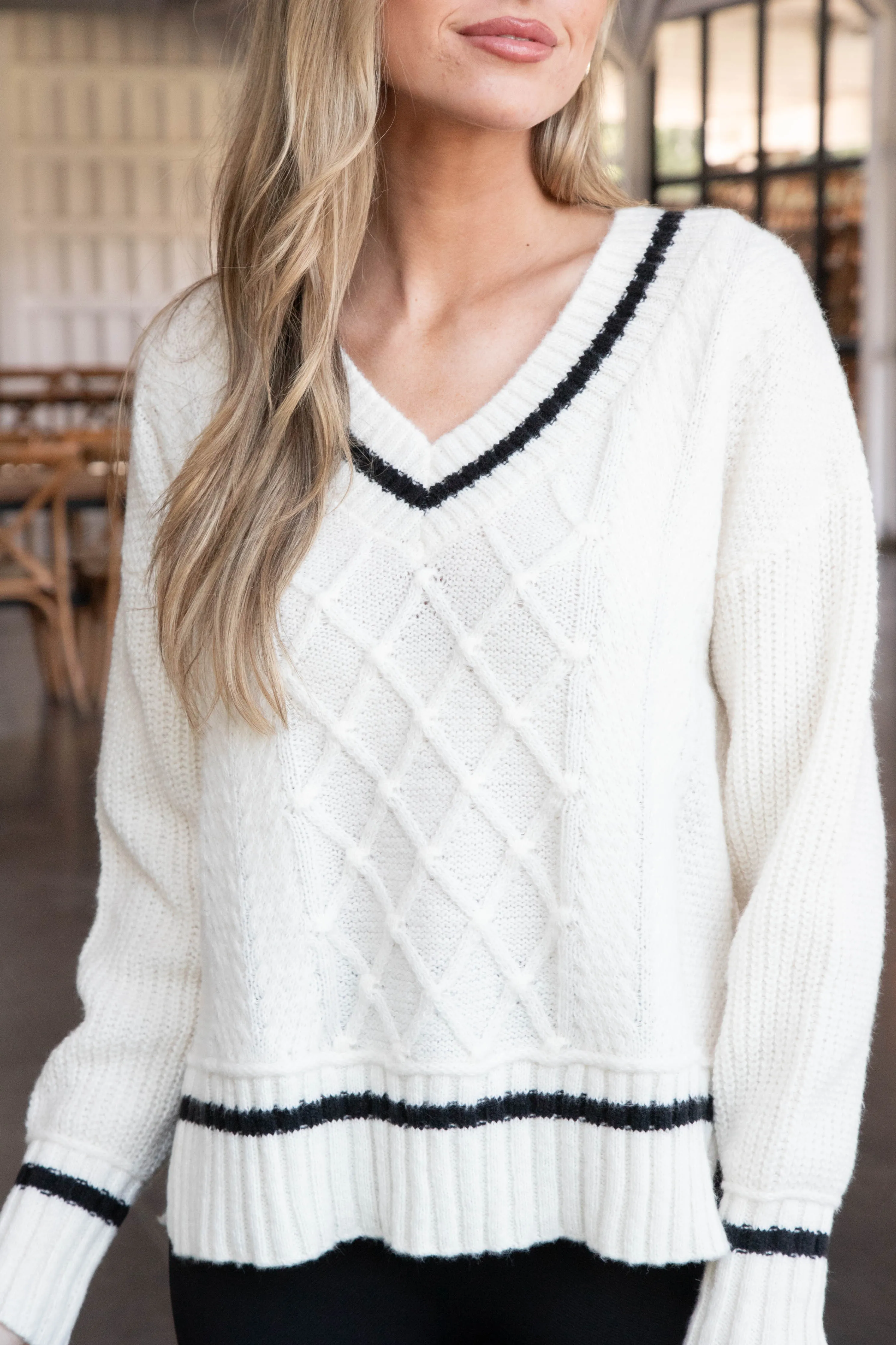 Marilyn Cable Knit Varsity Sweater, Ivory