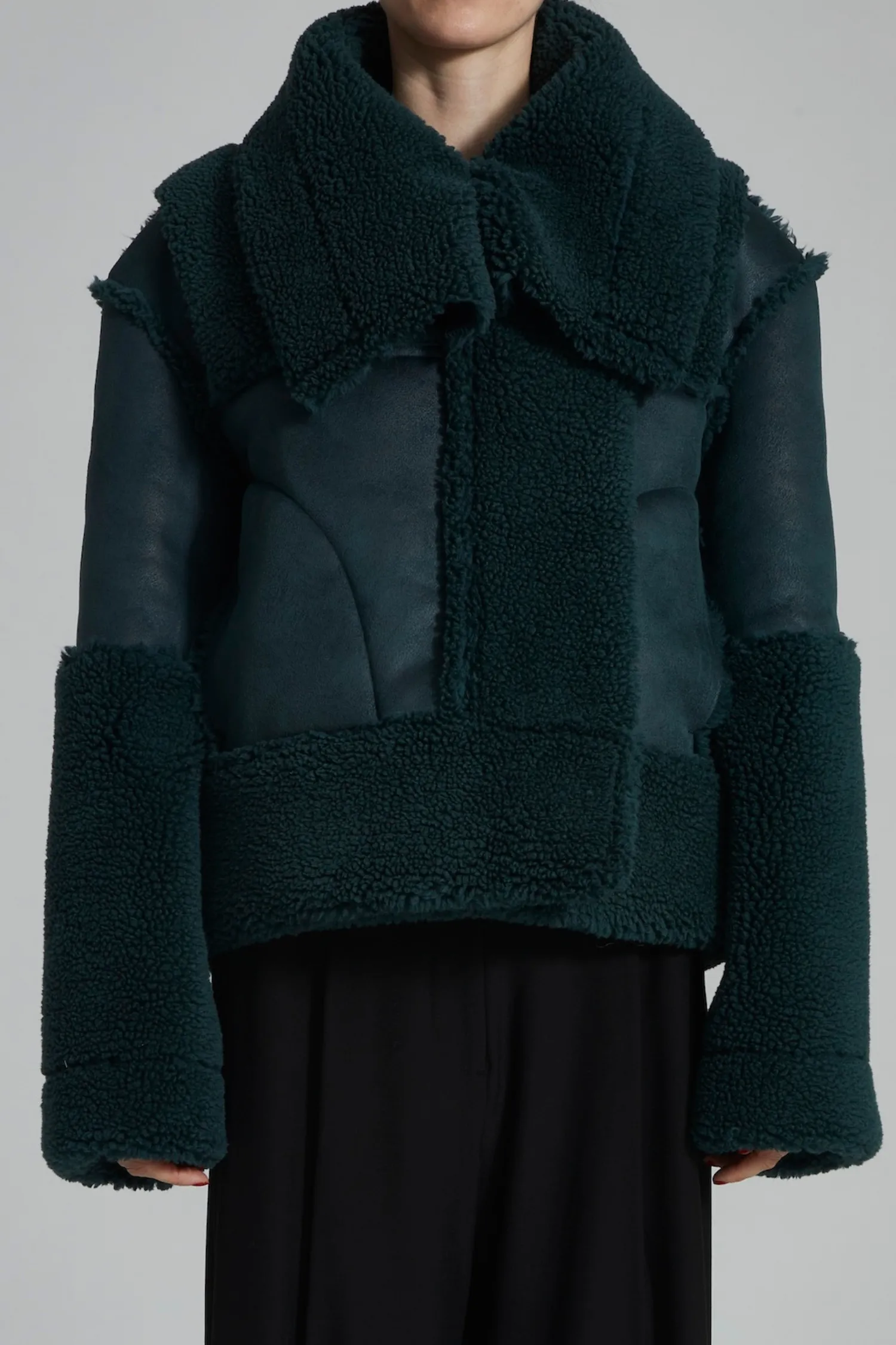 Marlise Shearling Moto Coat, Bottle Green