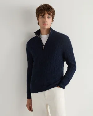 Men's Albemarle Cable Half Zip Cashmere Jumper Navy Blue Melange