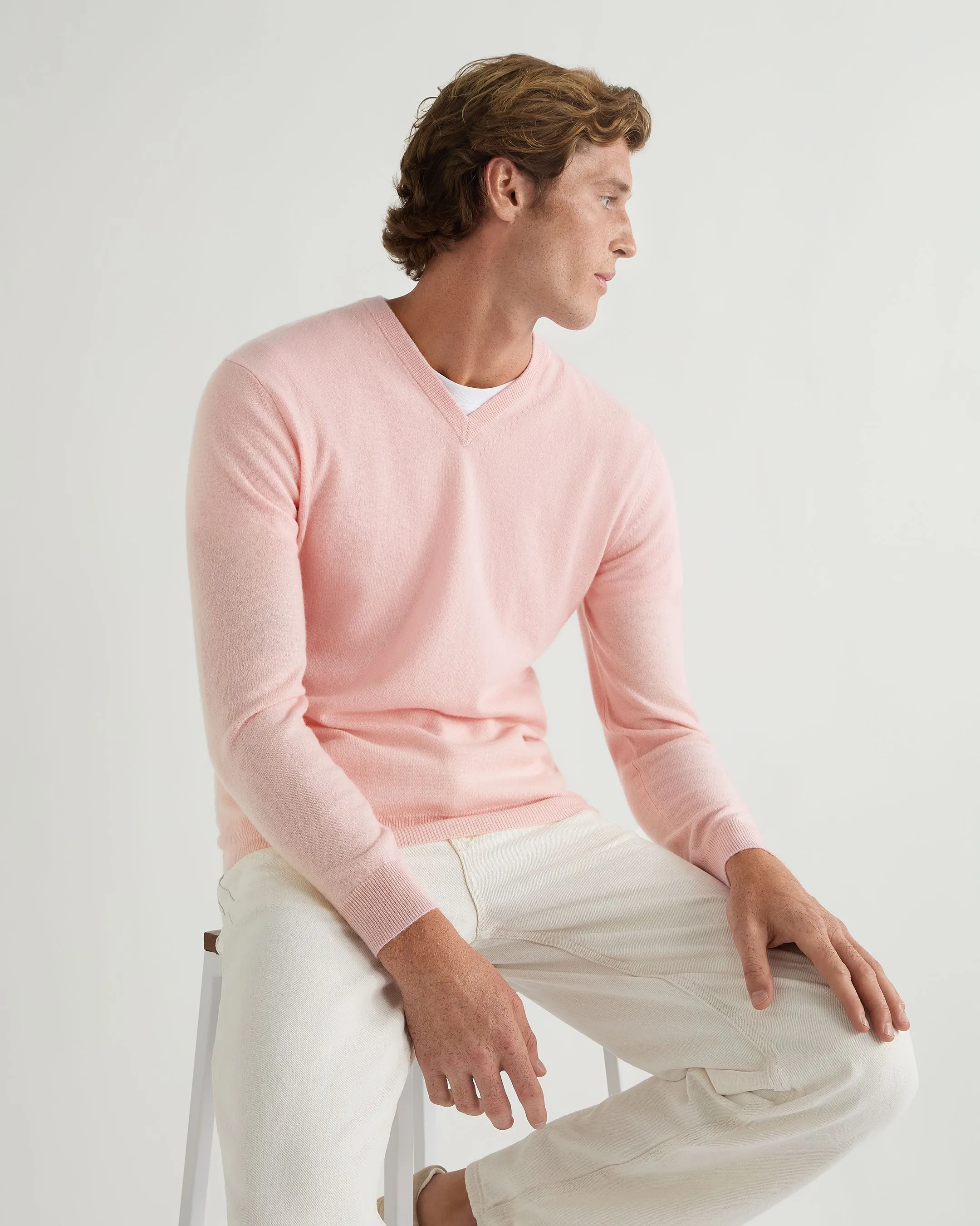 Men's Burlington V Neck Cashmere Jumper Pale Pink