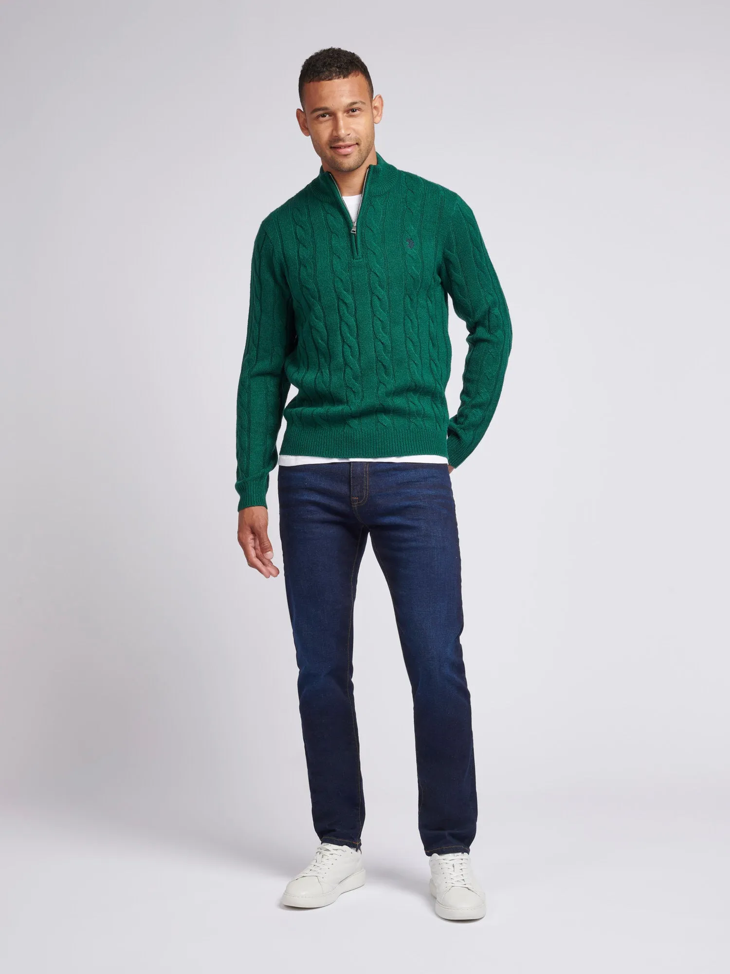 Mens Cable Knit Funnel Neck in Rain Forest