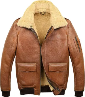 Men's Camel Brown A2 Aviator Shearling Leather Bomber Jacket