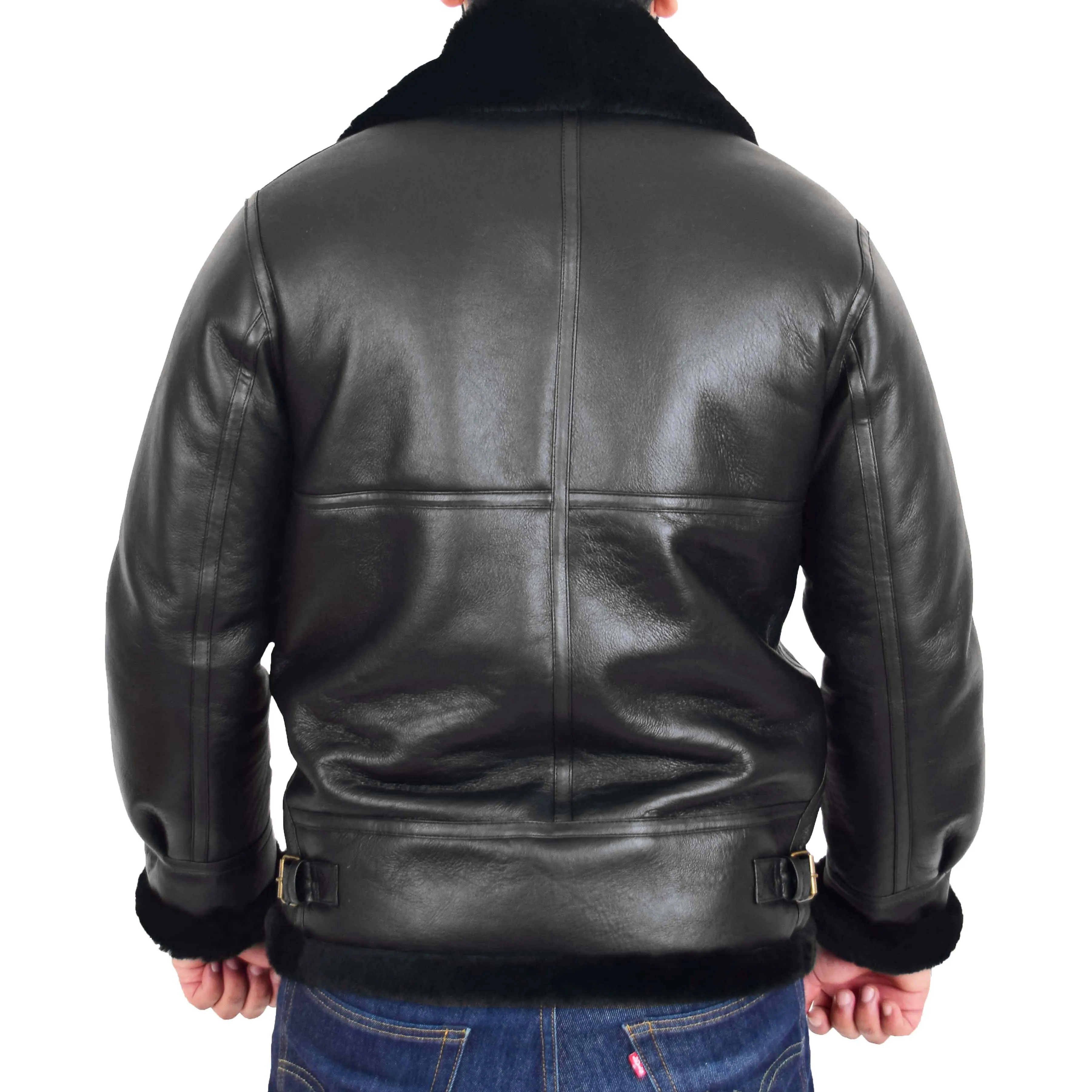 Mens Genuine Sheepskin Flying Jacket B3 Shearling Bomber Thunder Black