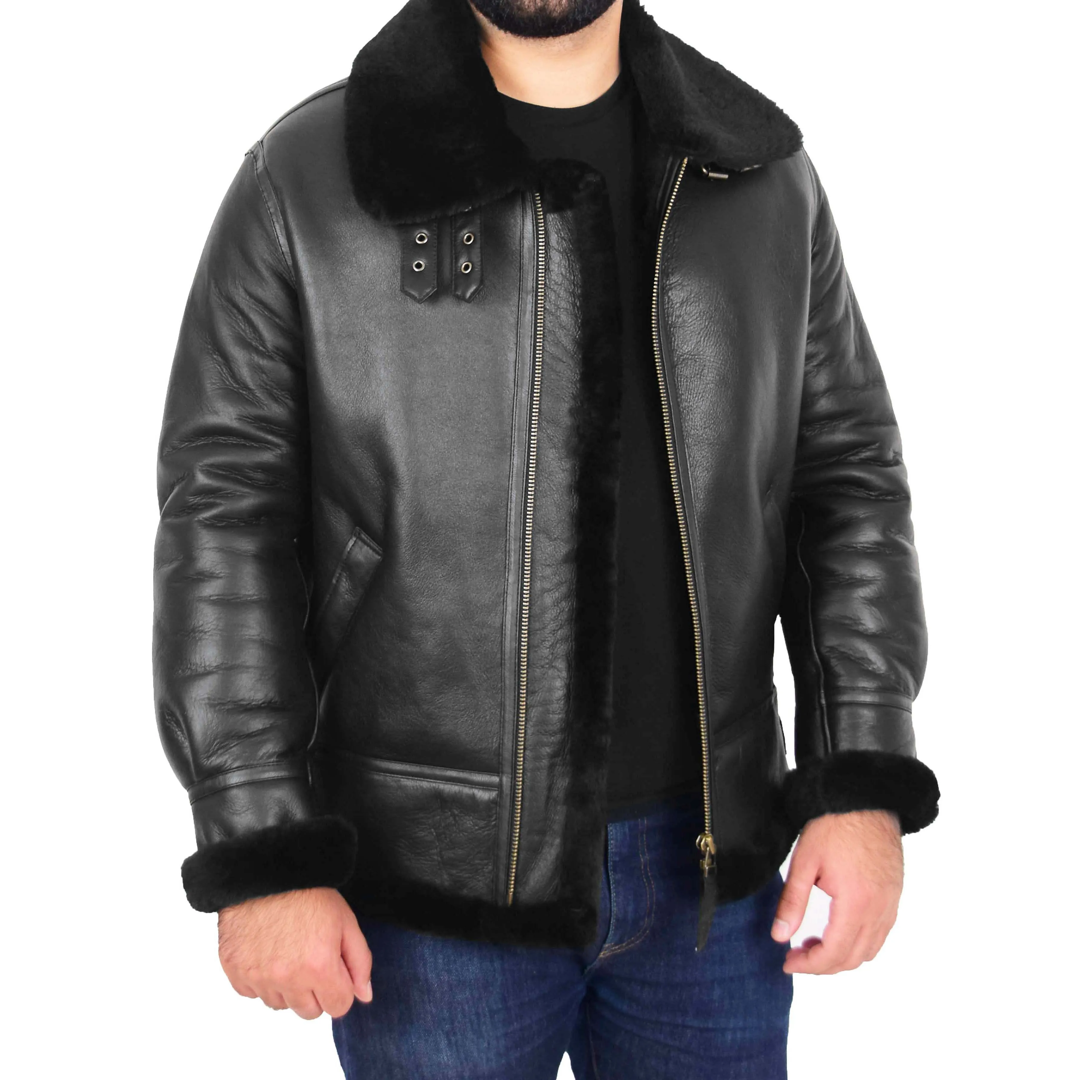 Mens Genuine Sheepskin Flying Jacket B3 Shearling Bomber Thunder Black